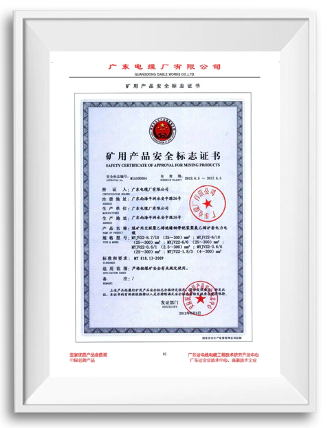 Safety Certificate  of Approval For Mining Products MYJV22